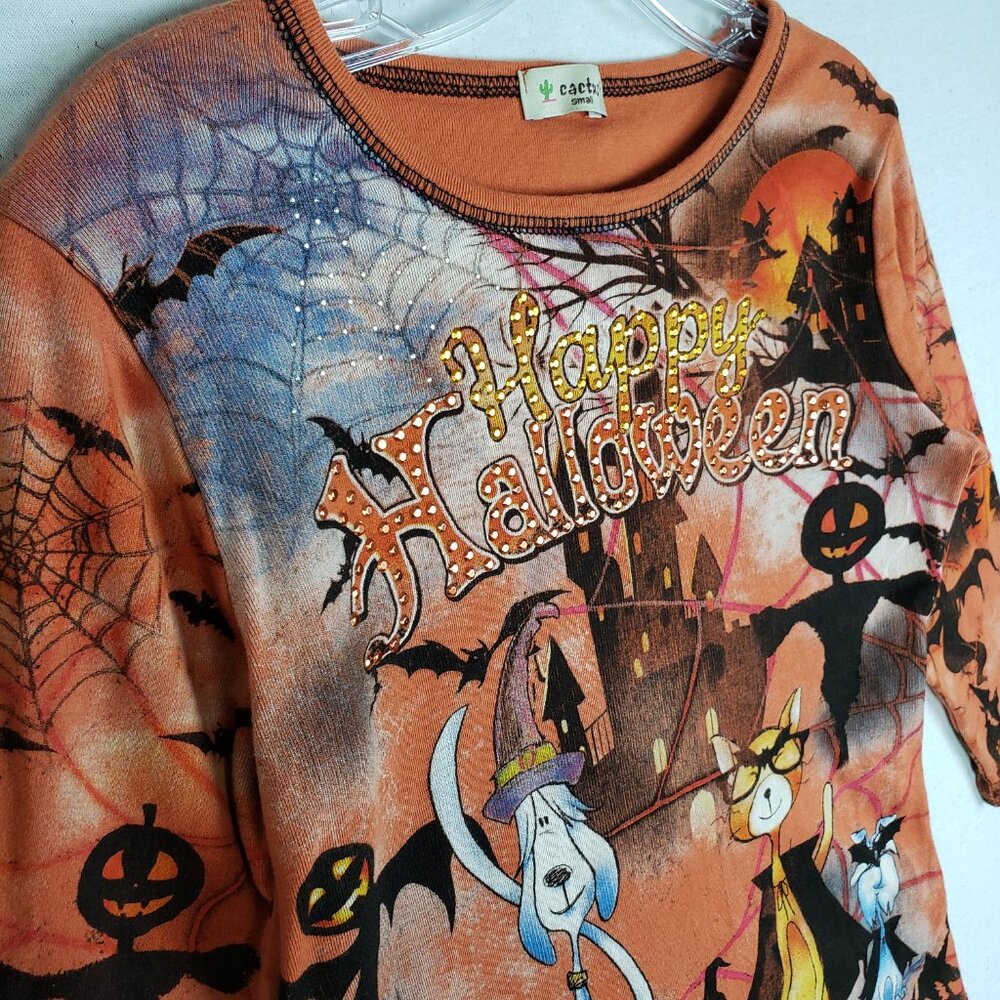 Vintage Cactus Y2K 90s Happy Halloween Shirt Bejeweled All Over Print size S - Picture 3 of 12
